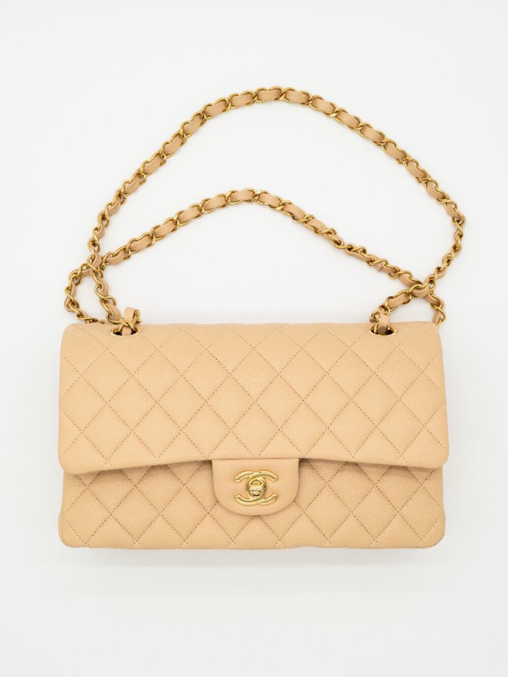 CHANEL Medium Classic Flap Beige Clair Lambskin Quilted Gold Hardware Full Set